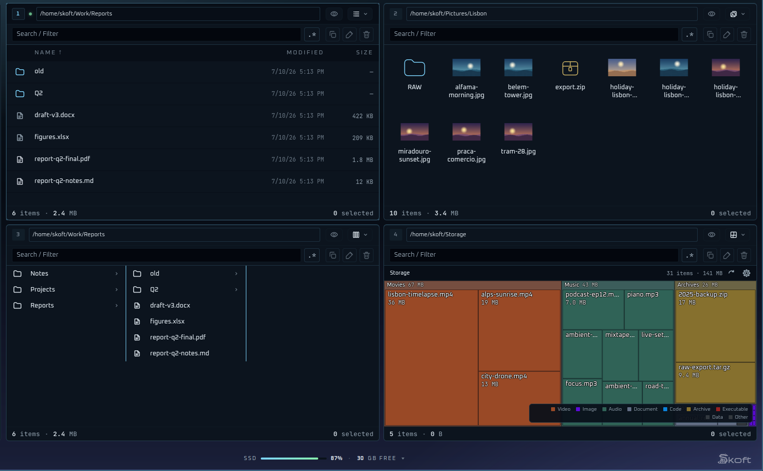 Skoft Files with four panes open at once: a file list, image thumbnails, a column browser, and a treemap of disk usage by type.